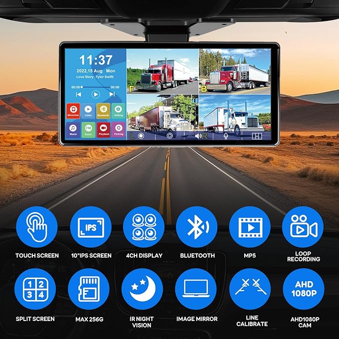 10.36'' 4K RV Backup Camera System with 4 1080P Cameras, Built-in DVR Loop Recording, Bluetooth MP5, Night Vision, IP69 Waterproof for Truck Trailer Camper