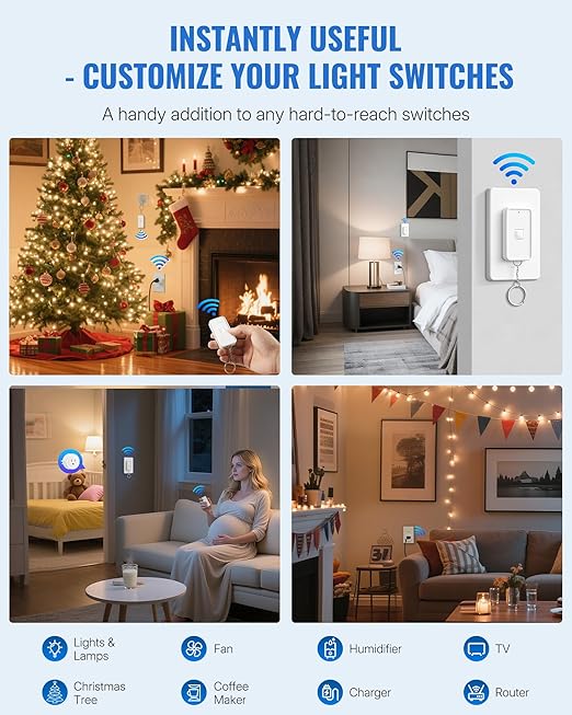 Remote Control Outlet Wireless Wall Switch, Wireless On Off Remote Switch Outlet with Magnetic Base for Light, Lamp, 100ft RF Range, 10A/1250W, Two Switches for One 0utlet W14RC2106