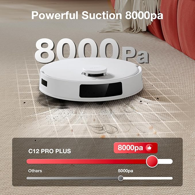 Yeedi C12 Plus Robot Vacuum & Mop, 8000Pa Powerful Suction, 7-Week Bagless Bin, PureCyclone & ZeroTangle Brush, Smart App Control, Auto-Charging, White