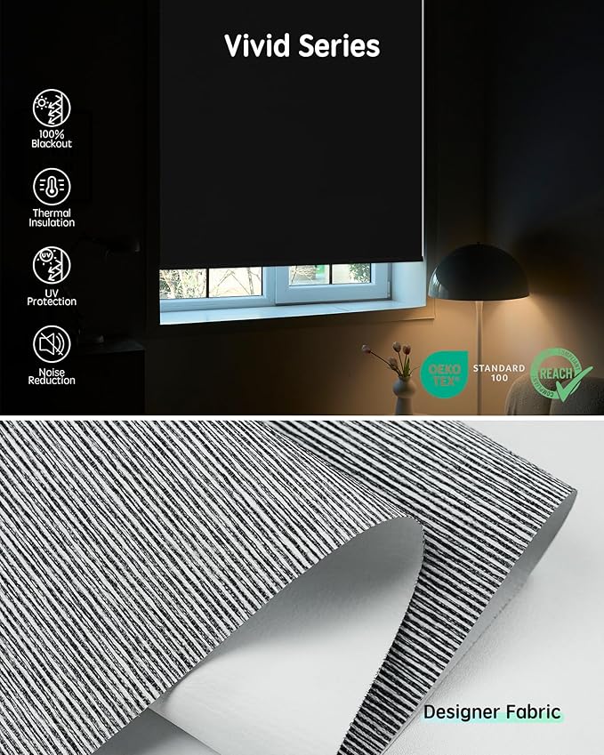 Yoolax Motorized Blinds with Remote, Designer Smart Blinds Work with Alexa, Google, Apple Homekit, 100% Blackout Motorized Shades Custom Electric Shades Voice Control (V-Basalt Stripe)