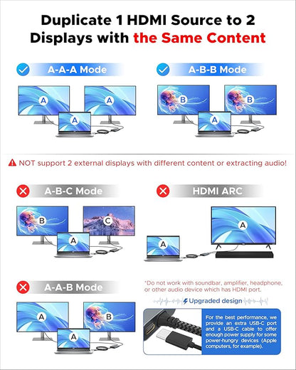 Warrky HDMI Splitter 4K, Display Mirror Same Screen Only (Not Extend Screen), HDMI Splitter 1 in 2 Out [USB-C Powered, Metal Shell, 3.3 Ft Braided Cable], 1x2 for Dual Monitors, Grey-4K UHD