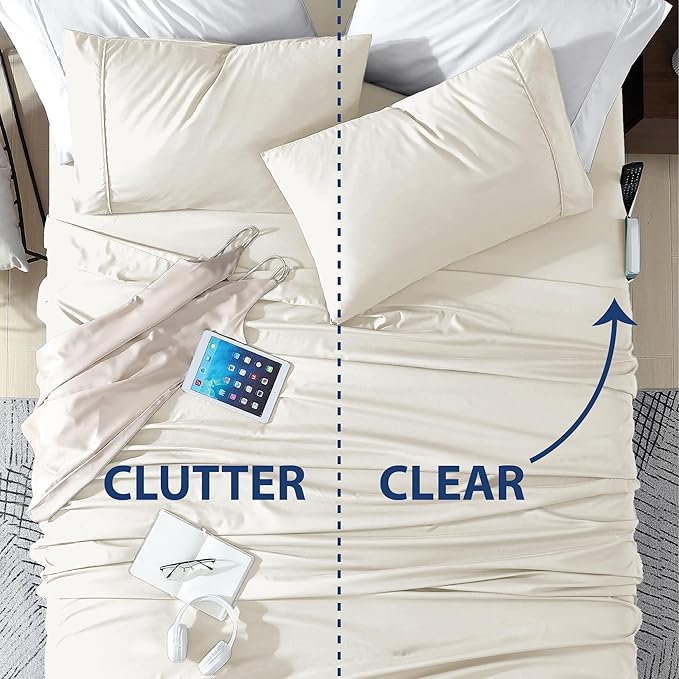 Swift Home Smart Sheets, Ultra Soft Brushed Microfiber 4-Piece Sheet Set, Fitted Bed Sheet with Side Storage Pockets – Coconut Milk, Full