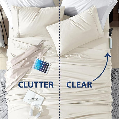 Swift Home Smart Sheets, Ultra Soft Brushed Microfiber 4-Piece Sheet Set, Fitted Bed Sheet with Side Storage Pockets – Coconut Milk, Full