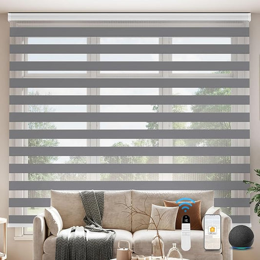 Interior Window Shades, Smart Dual Layer Light Filtering Blinds Compatible with Alexa & Google Home, Customized Size Cordless Electric Window Shades, (Dark Gray, 85% Blackout)