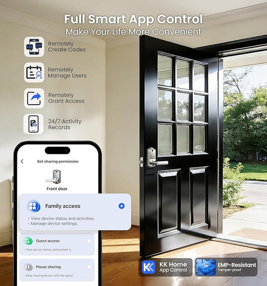 Veise VE019 Fingerprint Smart Lever Lock, App Control, Keyless Entry Door Lock with Handle, Touchscreen Keypad Knob for Front Door and Bedroom, Remote Access Sharing, IP55 Waterproof, Satin Nickel