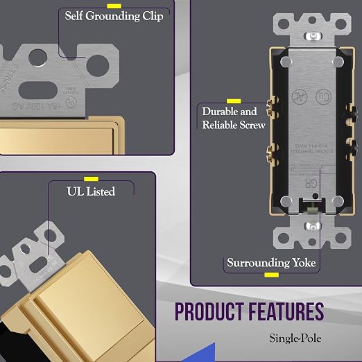 ENERLITES Gold Double Paddle Decorator Single Pole Switch, 15A, 1 Pack
