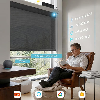 BERISSA Smart Motorized Blinds with Remote,No Drill Automatic Roller Blinds for Indoor Windows,Solar Fabric,Electric Shades for Windows Home Office,Solar Black,Custom Size
