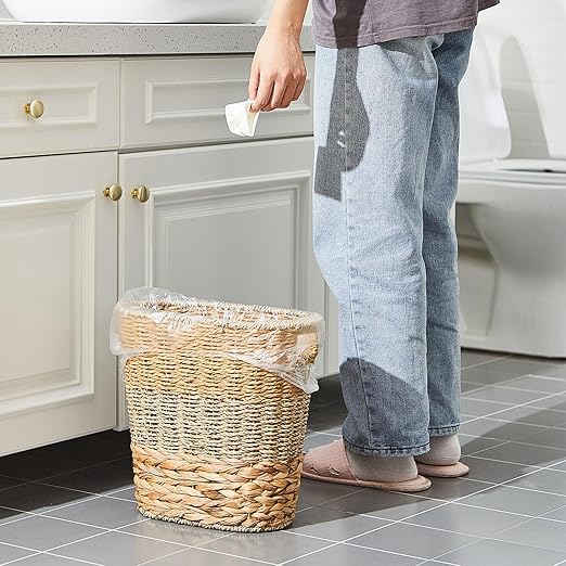 Ziliny 2 Pcs Wicker Trash Can with 50 Small Trash Bag Wicker Waste Woven Basket with Handles Clear Multi Use Garbage Bags for Bathroom Kitchen Bedroom(Various Materials,Classic Style)