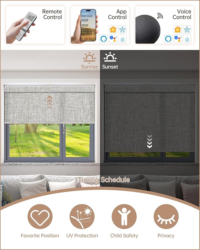 Kincmo Motorized Blinds with Remote, Light Filtering Roller Shades Work with Apple Homekit,Alexa,Google Home, Custom Electric Blinds with App,Voice Control (75% Blackout Mist Ash Grey)