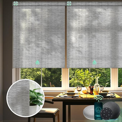 Yoolax Motorized Blinds with Remote, Light Filtering Smart Blinds Work with Alexa, Google, Automatic Roller Shades for Windows, Custom Electric Shades for Living Room Office (V-Jungle Greyish White)