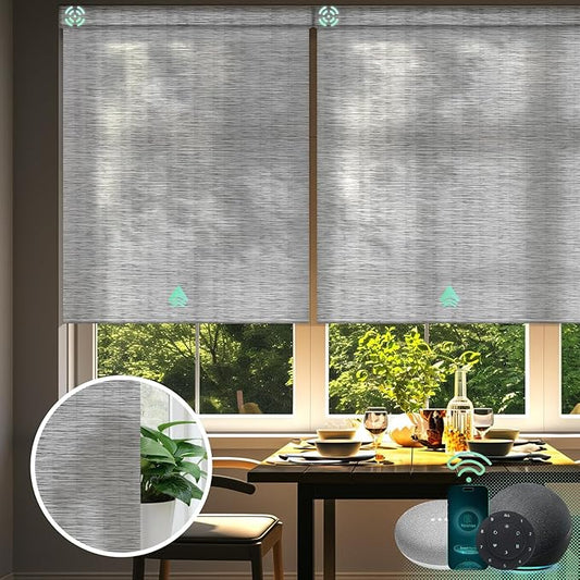 Yoolax Motorized Blinds with Remote, Light Filtering Smart Blinds Work with Alexa, Google, Automatic Roller Shades for Windows, Custom Electric Shades for Living Room Office (V-Jungle Greyish White)
