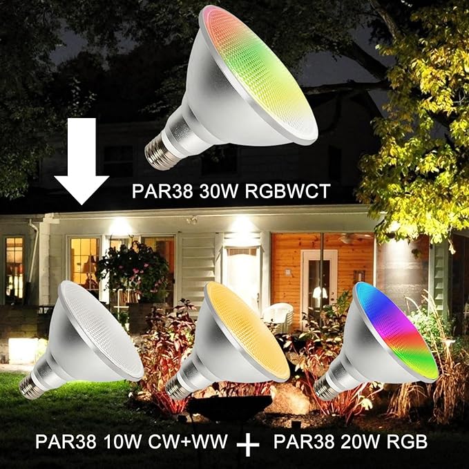 2 Pack,PAR38 RGBW LED Bulbs,30WRGB+Warm+Cool White(2700K-6500K), LED Flood Light,Indoor/Outdoor,IR Remote Control, Timing,Waterproof Lawn Lamp for Home Courtyard Christmas Party Decoration