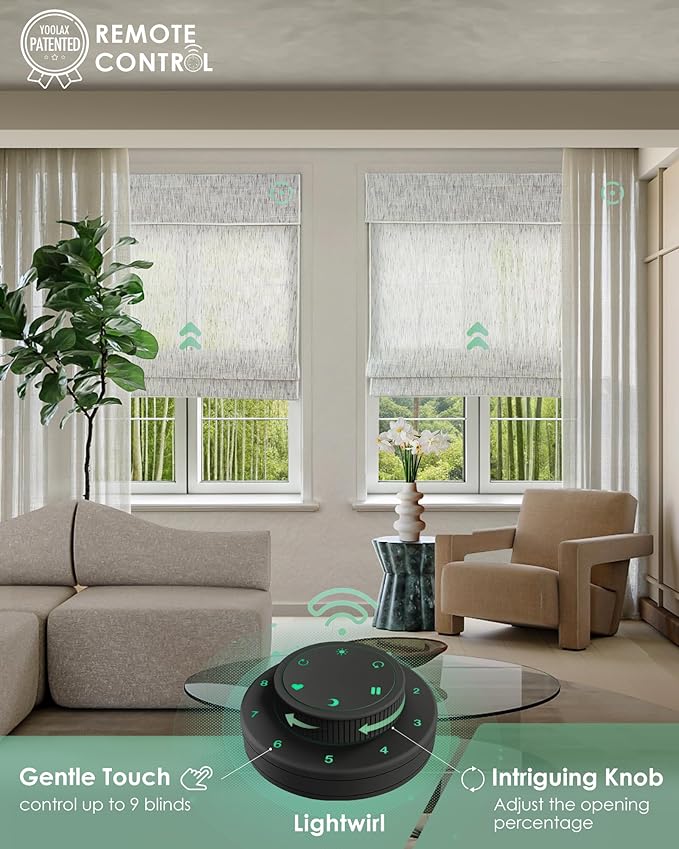 Yoolax Motorized Bamboo Roman Shades with Remote, Smart Roman Shades for Indoor Windows, Light Filtering Automatic Blinds Work with Alexa, Google, Apple Homekit, Customized (Bamboo Woven Flake White)