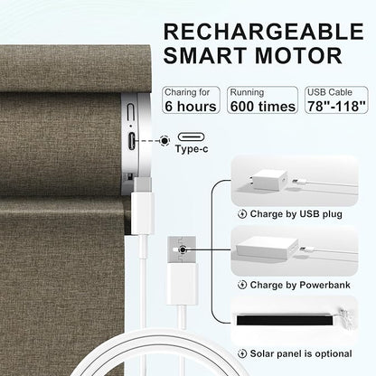 BERISSA Smart Motorized Blinds with Remote,No Drill Automatic Roller Blinds for Indoor Windows,Light Filtering Linen Fabric,Electric Shades for Windows Home Office,Filter Linen Brown,Custom Size