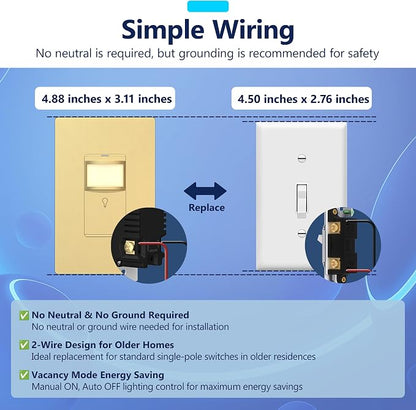 LIDER PIR Vacancy Motion Sensor Switch, LED, No Ground Required, Matte Gold | 1200 Sq. Ft. Coverage, Neutral Required, Adjustable Time Delay, Screwless Wall Plate Included, UL Listed, Guide Light