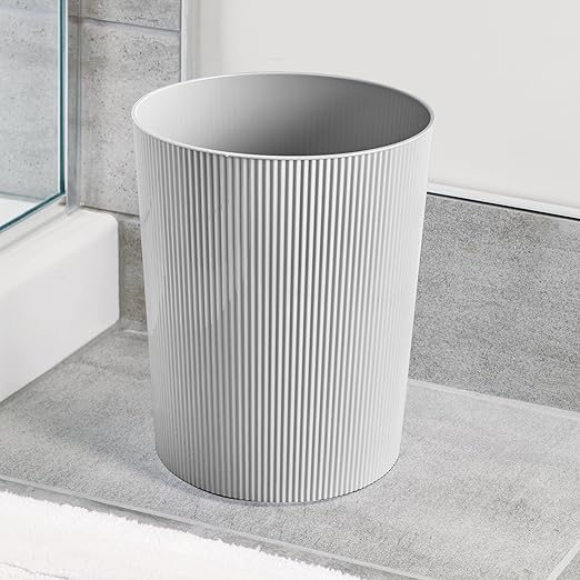 iDesign Small Round Plastic Bathroom Trash Can - Fluted Trash Can for Bathroom, Bedroom, or Office - Gray