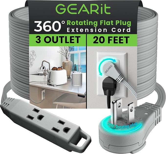 GEARit 20 ft 360° Rotating Flat Plug Extension Cord, 3 Outlet Low Profile Power Cord, 16 AWG 13A 3 Prong Grounded Indoor Cord, ETL Listed, Space-Saving for Furniture, Grey