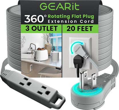 GEARit 20 ft 360° Rotating Flat Plug Extension Cord, 3 Outlet Low Profile Power Cord, 16 AWG 13A 3 Prong Grounded Indoor Cord, ETL Listed, Space-Saving for Furniture, Grey
