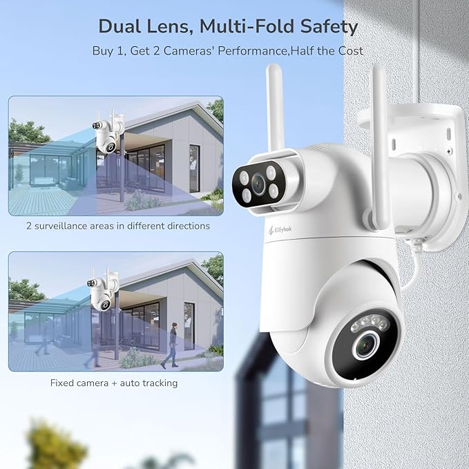 Home Security Camera System Wireless, Dual Lens 2K Security Cameras Wireless Outdoor, 2-Cam Kit, 2.4/5GHz WiFi, 360° PTZ, Auto Tracking, Motion Detection, Night Vision, 10CH NVR with 500GB HDD