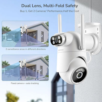 Kittyhok Dual Lens 2K Wireless Security Camera Outdoor, 2.4/5GHz WiFi, 360° PTZ, Auto Tracking, Motion Detection, Night Vision, 2-Way Audio, 24/7 Record