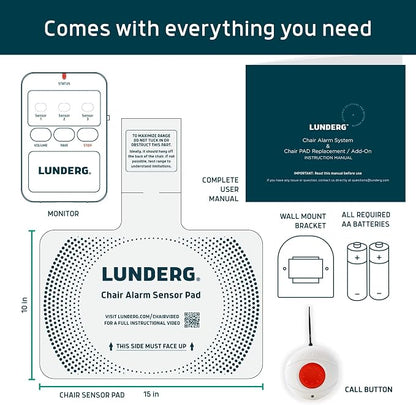 Lunderg Chair Alarm System with Call Button, Wireless Chair Sensor Pad & Pager - Elderly Monitoring Kit - Chair Alarms and Fall Prevention for Elderly