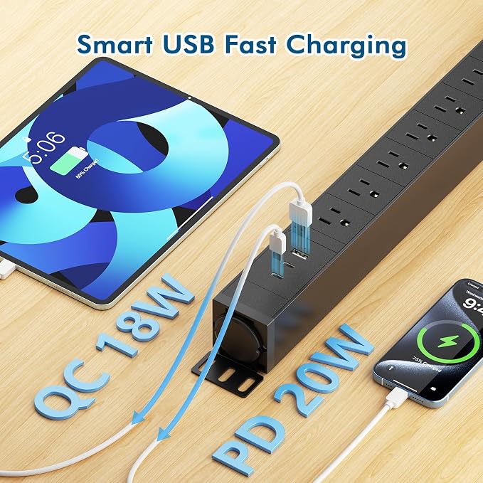 360° Rotating Mountable Power Strip with USB Ports, 8 Outlet Power Strips Wall Mount, Metal Heavy Duty Versatile Outlet with 6FT Power Cord,for Home Office Industrial Garage Commercial