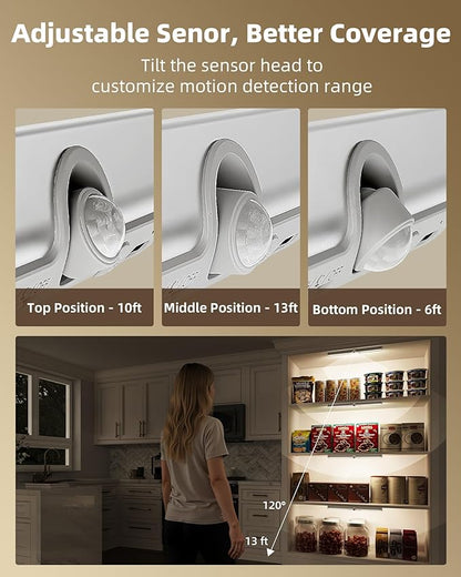EZVALO 13-inch Motion Sensor Closet Light with Eye-Protection Design, 1800mAh Rechargeable Under Cabinet Lighting, 3 Color Temps Night Light for Pantry, Closet - 3 Pack