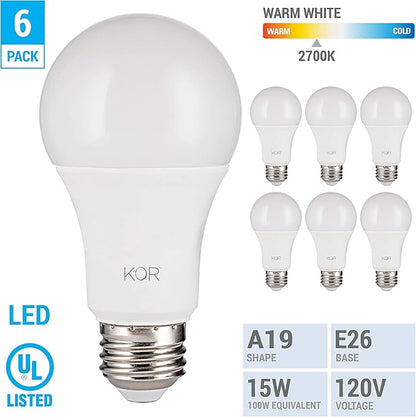 KOR 6 Pack A19 LED Light Bulb, 100W Equivalent, 2700K Warm White, 1500 Lumens, Efficient 15 Watt Replacement Bulbs with E26 Standard Base, 10000 Long Life Hours, Non-Dimmable, 80+ CRI, UL Listed