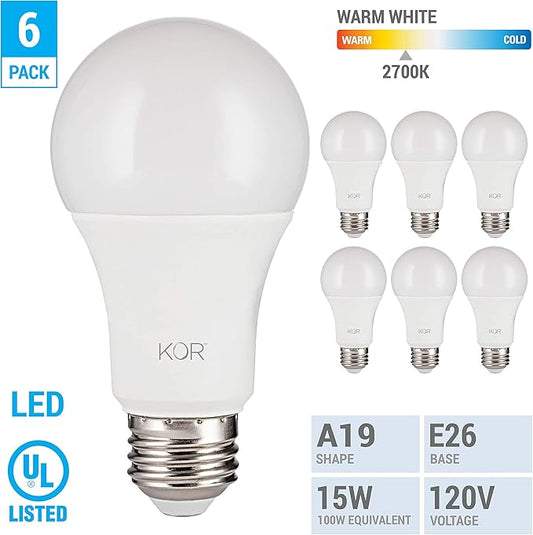 KOR 6 Pack A19 LED Light Bulb, 100W Equivalent, 2700K Warm White, 1500 Lumens, Efficient 15 Watt Replacement Bulbs with E26 Standard Base, 10000 Long Life Hours, Non-Dimmable, 80+ CRI, UL Listed