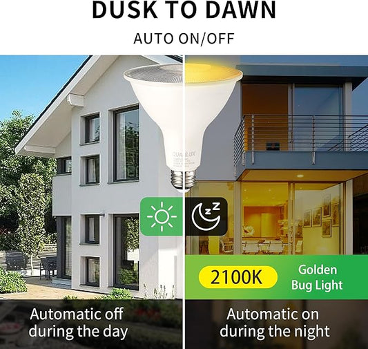 Qualilux PAR30 Dusk to Dawn LED Yellow Light Bulbs, 2100K Golden Yellow Light, 75W Equivalent, 850LM, Auto On/Off Light Sensing Flood Light Outdoor Bulb, 10.5W, 2 Pack, E26 Base, Non-Dimmable, HQ-H051