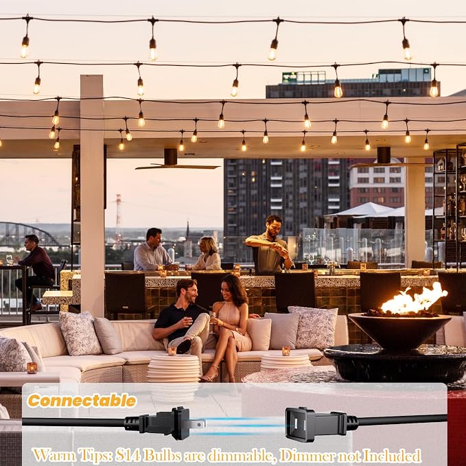 Svater 48 FT Outdoor String Lights 2W Commercial Grade Waterproof S14 ETL | Outside Patio Light with Shatterproof Antique Edison E26 LED Bulbs, Connectable Hanging Strand for Bistro Cafe Market 2700K