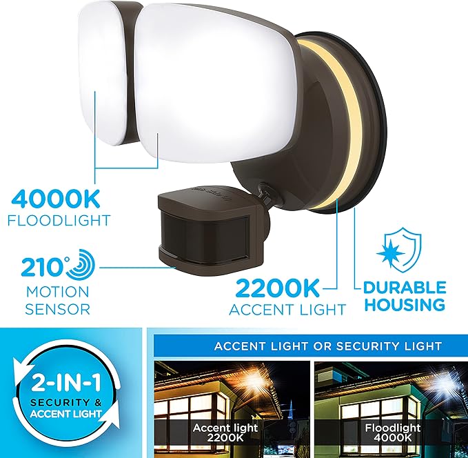 Enbrighten Vibe Smart LED Security Light, Dual Head, Motion Activated | ETL Listed, UV Resistant, 2500 Lumens, 4000K, Works with Alexa, Google Home, Bronze, 85900