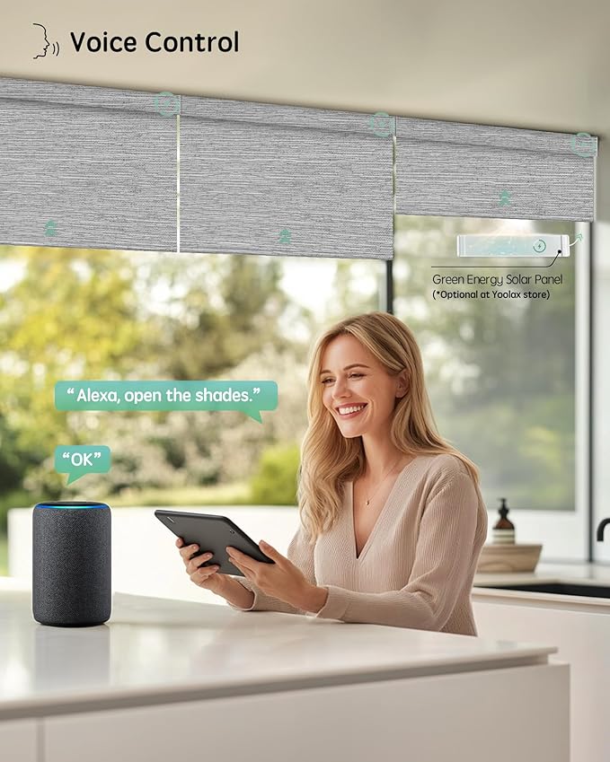 Yoolax Motorized Blinds with Remote, 100% Blackout Smart Blinds Work with Alexa, Google, Apple Homekit, Motorized Shades for Bedroom, Custom Electric Shades Voice Control (Foggy Gray)