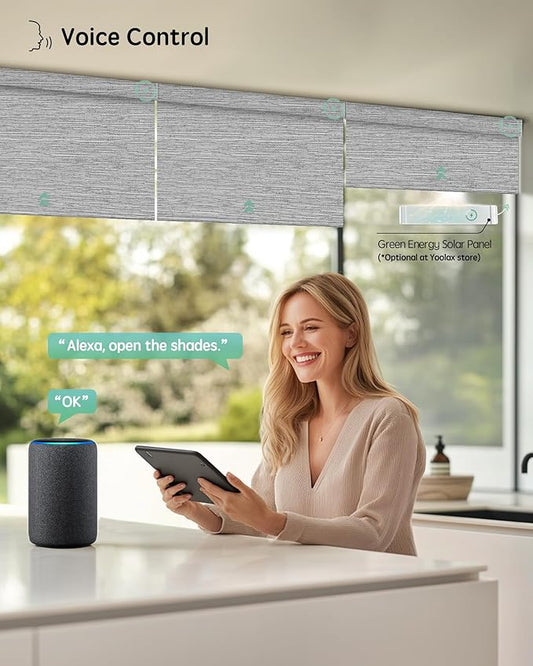 Yoolax Motorized Blinds with Remote, 100% Blackout Smart Blinds Work with Alexa, Google, Apple Homekit, Motorized Shades for Bedroom, Custom Electric Shades Voice Control (Foggy Gray)