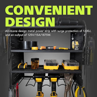 Pearington Modular Pegboard Rack, Power Tool Organizer with Battery Charging Station, Power Strip, 4-Layer Wall Mount Drill Holder