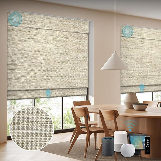 SmartWings Motorized Wood Blinds Smart Wooven Shades Blackout/Light fitlering for Windows, with Remote for Bedroom Living Room, Work with Matter Zigbee Alexa Z-Wave Google Home, Customized, Kenaf 010