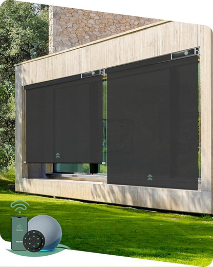 Yoolax Motorized Outdoor Shades Smart Retractable Patio Screens Compatible with Alexa Google, Remote Control Blinds for Porch Patio Waterproof Roller Shades Custom (3% Openness Black)