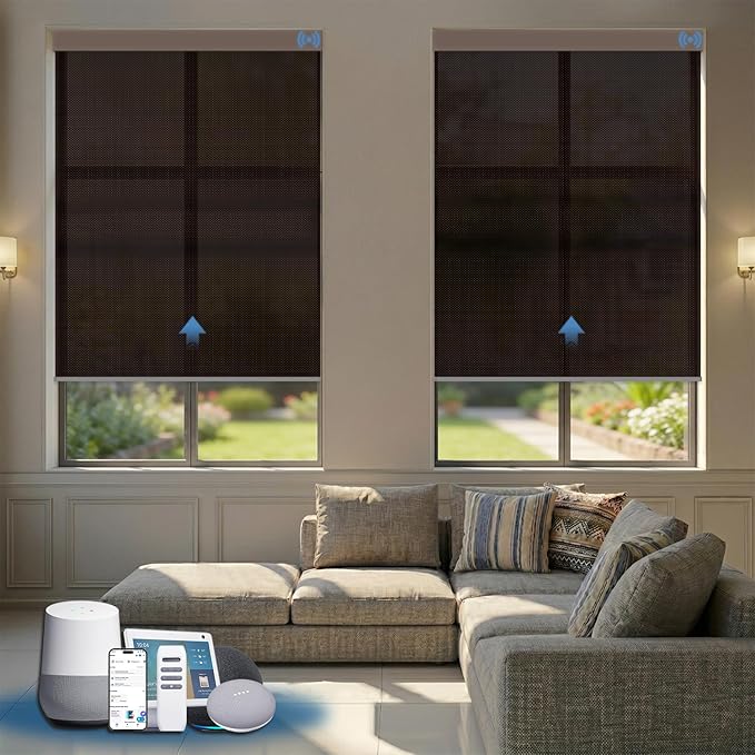 Motorized Solar Shades, Light Filtering Smart Blinds for Windows Automatic Blinds Compatible with Alexa, Falme Resistant Roller Shades Customized for Office Living Room (5% Openness Coffee)