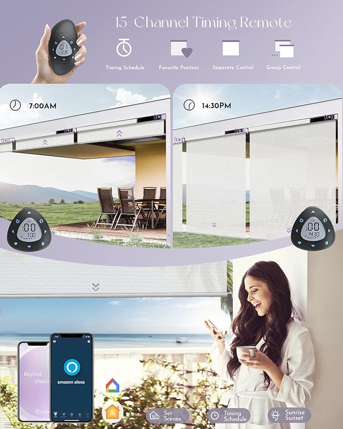 Graywind Motorized Roller Shades Compatible with Alexa Google Privacy Rechargeable Smart Wire Guide Blinds Electric Patio Sun Blinds for Exterior, Custom Size (1% Openness White), (GWUS-DDHWL)