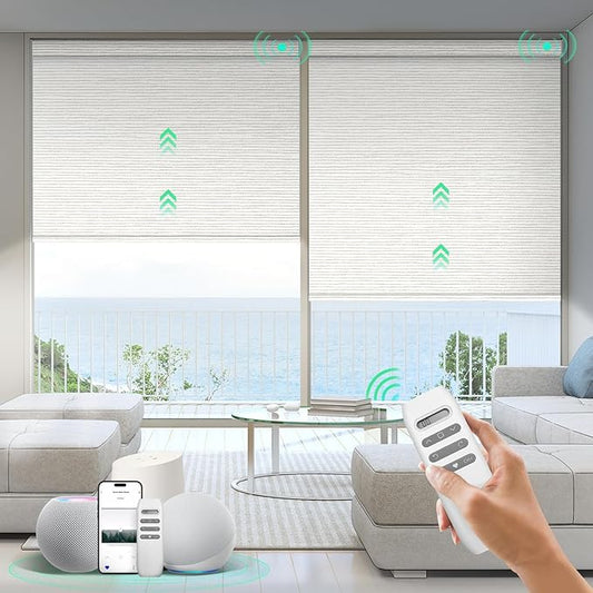 HeyBlinds Motorized Blinds with Remote, 100% Blackout Smart Blinds, Automatic Shades for Windows Compatible with Alexa Google and Homekit, Custom Size(Light Chaser-Cream BO)