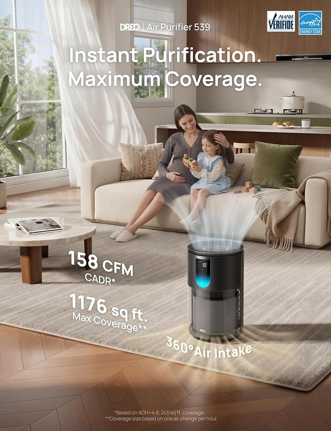 DREO Air Purifier for Home, Up to 1176 ft², HEPA Air Cleaner for Large Rooms & Bedrooms, Pets, Smoke, Dust, Pollen & Odors, PM2.5 Monitor, Auto, Turbo & Quiet Sleep Mode, 4 Speeds, DR-HAP009(Dreo 539)