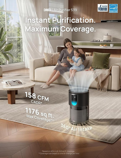 DREO Air Purifier for Home, Up to 1176 ft², HEPA Air Cleaner for Large Rooms & Bedrooms, Pets, Smoke, Dust, Pollen & Odors, PM2.5 Monitor, Auto, Turbo & Quiet Sleep Mode, 4 Speeds, DR-HAP009(Dreo 539)