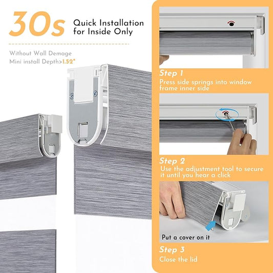 Persilux No Drill No Tools Smart Zebra Blinds, Dual Layer Privacy for Day and Night, Automatic Zebra Drilless Blackout Shades for Windows, Thermal Insulated,Custom Sizes,Bella Light Gray, RS20288-7