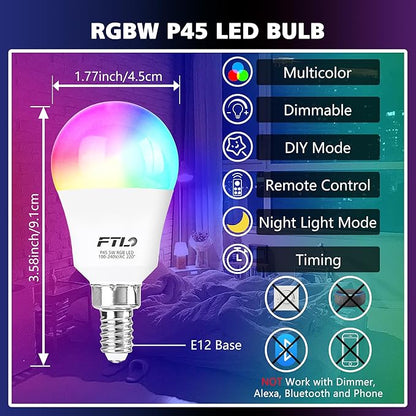FTL E12 LED Light Bulb Color Changing, 5W 40W Equivalent A15 RGB Light Bulb with Remote Control, Warm White to Daylight White 2700K-6000K, 30 Colors RGB E12 LED Bulb Dimmable,Timer, 2 Modes,6-Pack