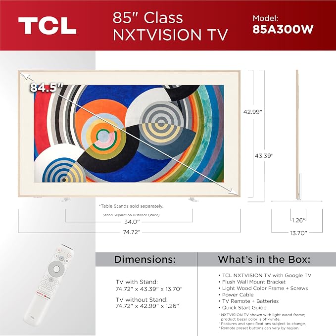 TCL 85 Inch Class NXTVISION Series Picture Frame Art TV | 85A300W, Latest Model | QLED 4K HDR Smart Google TV | 120HZ Dolby Atmos Audio | Alexa Google Apple Streaming Television | Easy Install