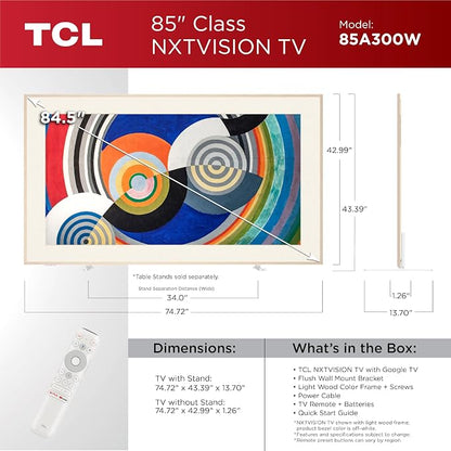 TCL 85 Inch Class NXTVISION Series Picture Frame Art TV | 85A300W, Latest Model | QLED 4K HDR Smart Google TV | 120HZ Dolby Atmos Audio | Alexa Google Apple Streaming Television | Easy Install