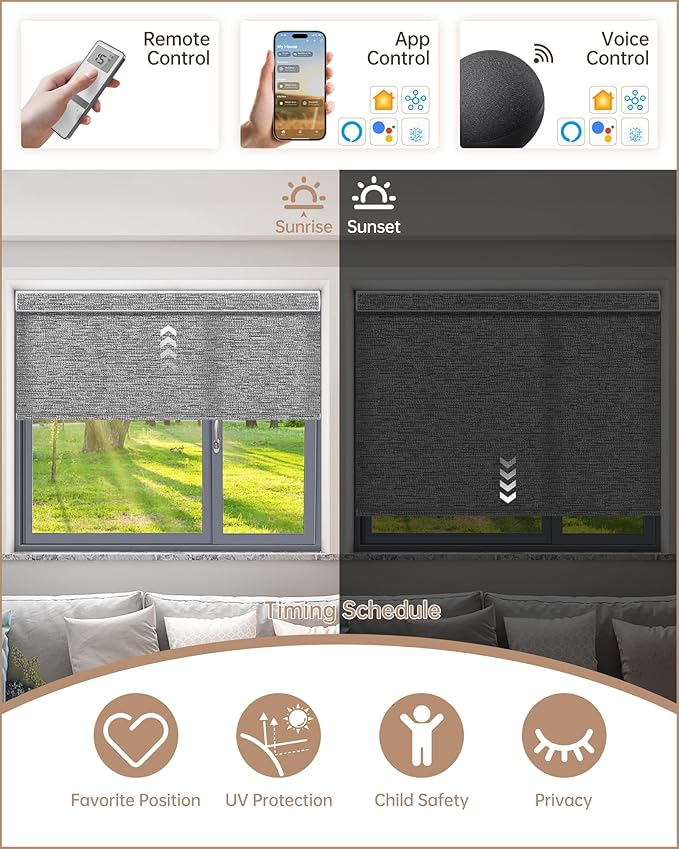 Kincmo Motorized Blinds with Remote, Light Filtering Roller Shades Work with Apple Homekit,Alexa,Google Home, Custom Electric Blinds with App,Voice Control (75% Blackout Aqua Waves Grey)