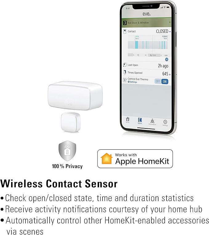 Eve Door & Window (Apple Home) – Smart Contact Sensor for Doors & Windows, Notifications (Open/Closed State), Automatic Control of Accessories & Scenes, no Bridge, Bluetooth & Thread