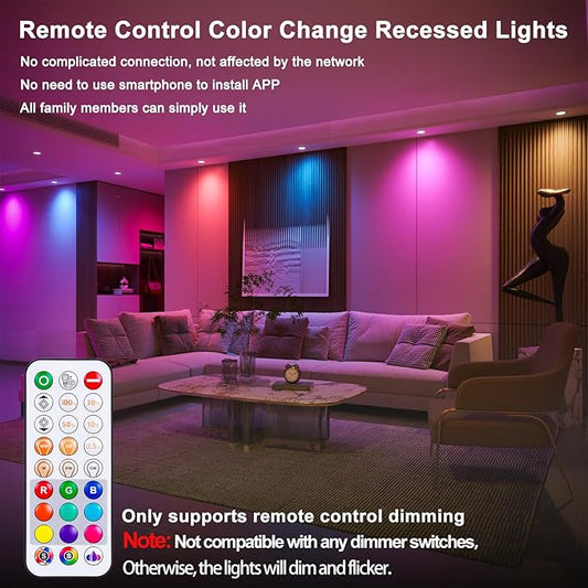 Recessed Lighting 5/6 Inch, 6Pack Color Changing LED Can Lights for Ceiling, 13W 1050LM Retrofit Recessed Lights with Baffle Trim, RGBCW Downlight Dimmable by Remote Control, Memory, Delayed Light Off