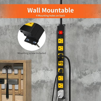 8 Outlet Power Strip 2100J Surge Protector, 12FT Heavy Duty Extension Cord Wide Spaced Outlet and Wall Mount Metal Powerstrip for Home Office Garage Workshop
